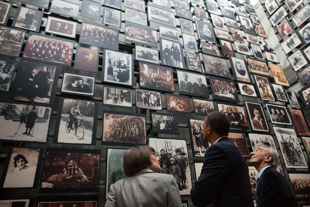 President Barack Obama tours the United States Holocaust Memorial Museum in Washington, D.C., with Sara Bloomfield, museum director, and Elie Wiesel, Nobel Peace Prize laureate and Holocaust survivor, April 23, 2012. (Official White House Photo by Pete Souza)  This official White House photograph is being made available only for publication by news organizations and/or for personal use printing by the subject(s) of the photograph. The photograph may not be manipulated in any way and may not be used in commercial or political materials, advertisements, emails, products, promotions that in any way suggests approval or endorsement of the President, the First Family, or the White House.