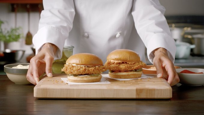Two Popeyes chicken sandwiches sitting side by side held by a chef. (Popeyes/Social Media) 