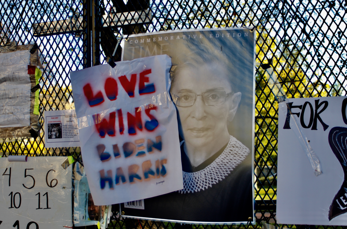 An image of late Supreme Court justice Ruth bader Ginsburg hangs on a
fence outside of Lafayette Square. (Rebeka Tatham/International Dateline)