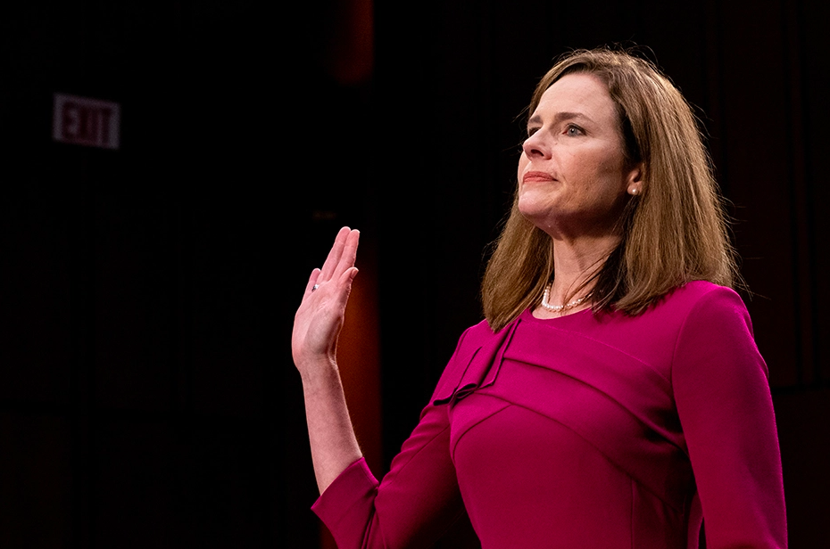 Supreme Court nominee Amy Coney Barrett is sworn in during the first day of her confirmation hearing before the Senate Judiciary Committee.Erin Schaff/Pool via REUTERS