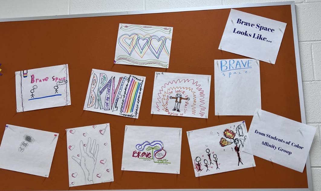 Bulletin board that display drawings made during a People of Color affinity group meeting in the Middle School (Courtesy of Sonia Chintha).