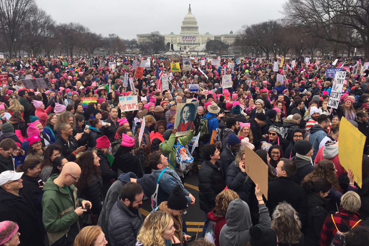Demonstrators protesting at the 2017 Womens March in D.C. Among the crowd were WIS students, who are now advocating for sexual education reform. (Meg Kelly/NPR)