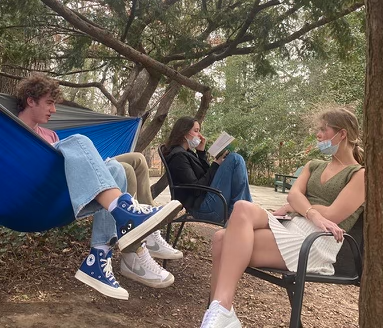 Seniors studying together on campus. Though seniors spent a long time studying for their IB exams, some won’t even get to sit the exams due to being infected with COVID. (Courtesy of Beka Tatham)