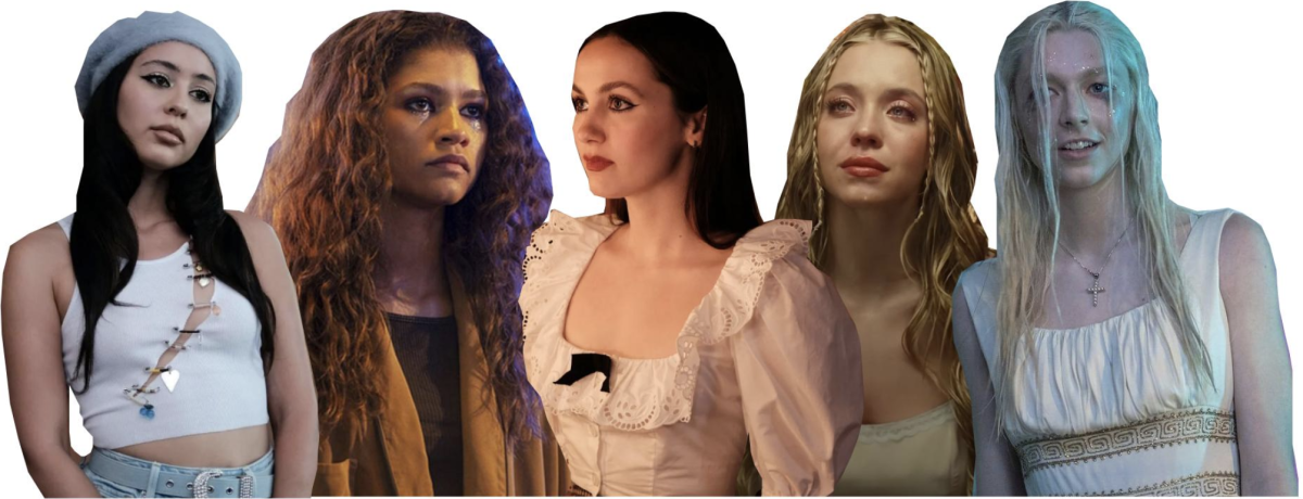 From left to right: Euphoria characters Maddy Perez, Rue Bennett, Lexi Howard, Cassie Howard and Jules Vaughn. (Courtesy of Pinterest)