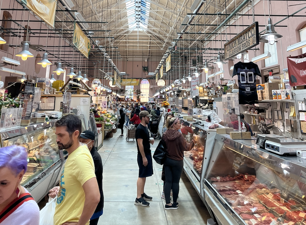 Shoppers browse Eastern Markets meat and produce options. Located in D.C.’s Capitol Hill neighborhood, Eastern Market offers a wide variety of foods, fashion and history. (Lauren Brownell/International Dateline)