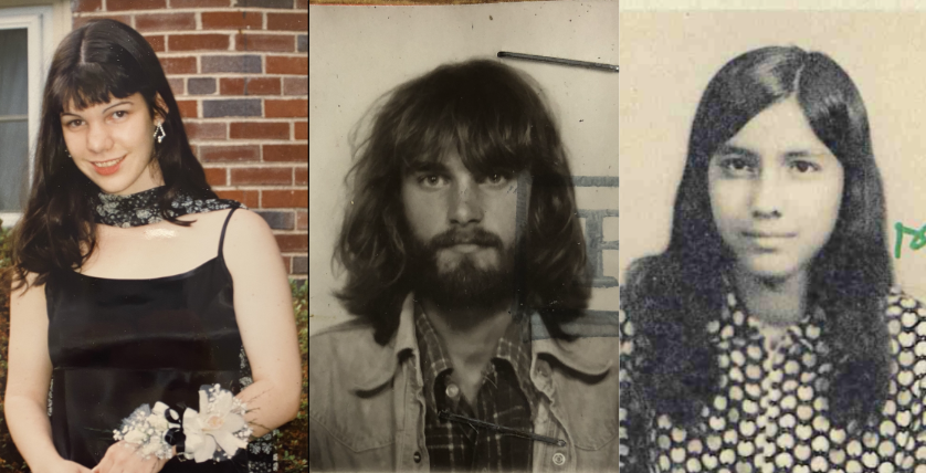 Three WIS teachers interviewed about their childhoods, from left to right: Natalie Denney, aged 17, before senior prom; Tony Godwin’s English postgrad ID; Sushmita Vargo in a 1975 passport picture. (Courtesy of Natalie Denney, Tony Godwin and Sushmita Vargo)