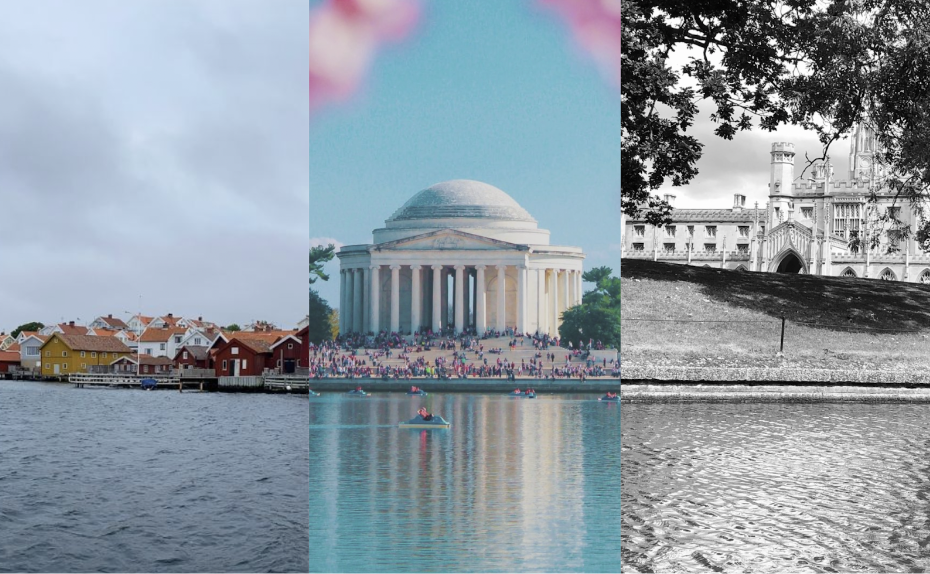 Scenes from across the world: The Western coast of Sweden, visitors crowding the Jefferson Memorial in D.C. and King’s College as seen from a canal in Cambridge, England. Jemsby has connections to all these places and more. (Photos courtesy of Tindra Jemsby and Zayn Shah)