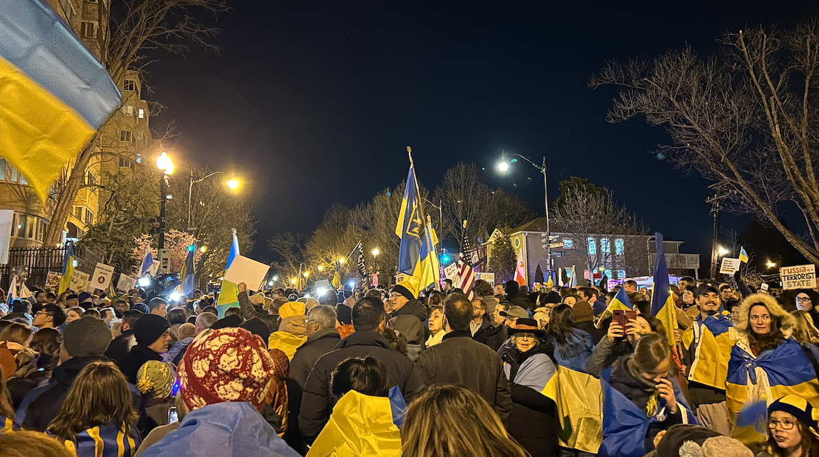 A protest in support of Ukraine in front of the Russian Embassy on February 24, 2023, the one-year anniversary of Russias invasion of Ukraine. Junior Anton Usdin attended this protest in an effort to share his voice. (Courtesy of Anton Usdin)

