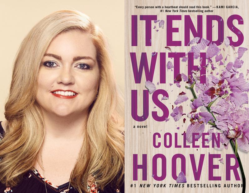 Colleen Hoover and the cover of her novel It Ends With Us. (Chad Griffith and Atria Books/AP News)