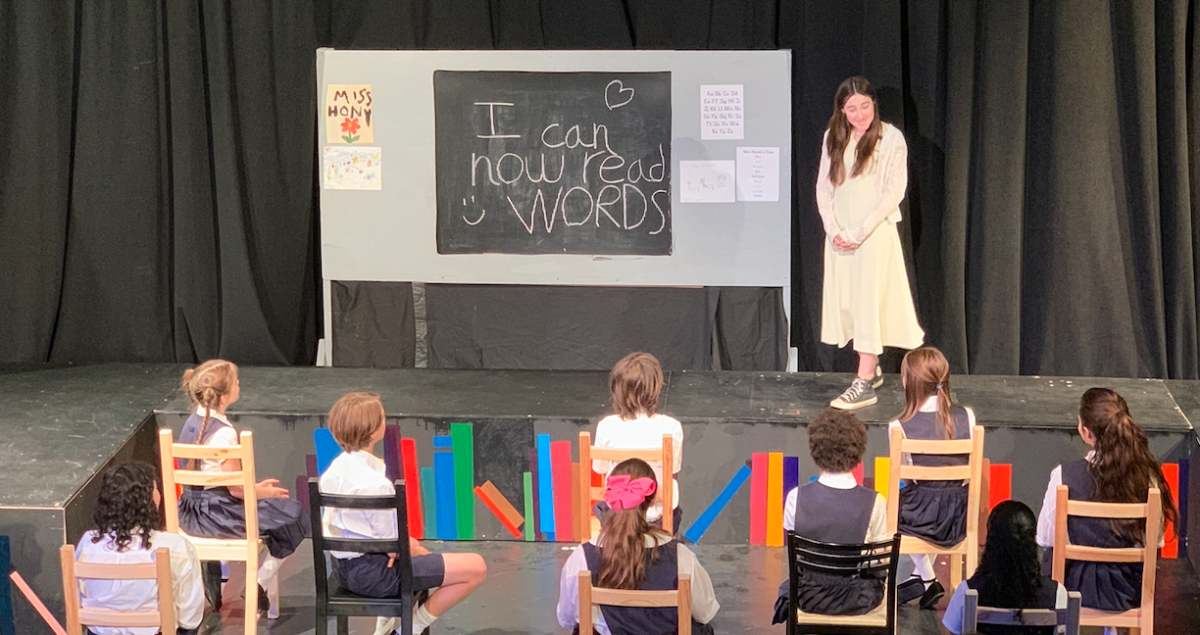 The cast of Matilda Jr. performing in the Black Box Theater. On Saturday, May 29, the evening performance started 30 minutes late due to some difficulties with the sound system. (Courtesy of Cheryl  Tanski)