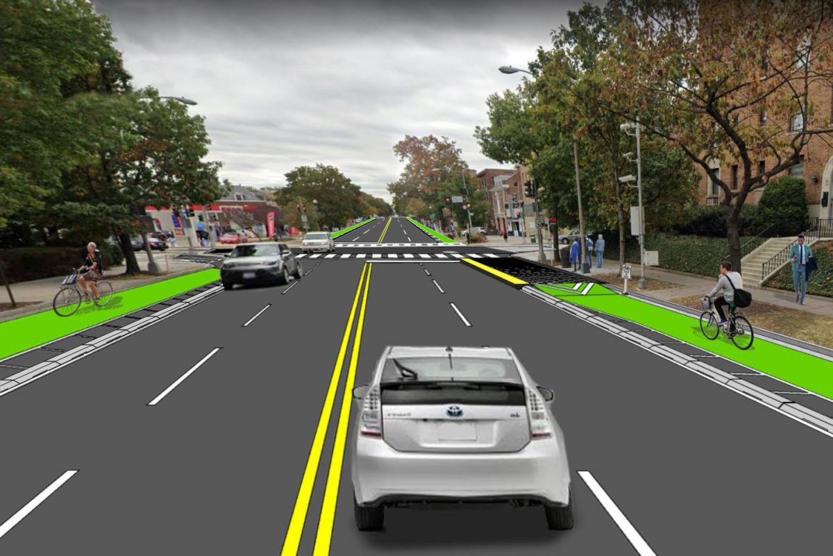 A rendering showing the proposed redesign on a stretch of Connecticut Avenue, with a lane of parking replaced by protected bike lanes. (Courtesy of DDOT)