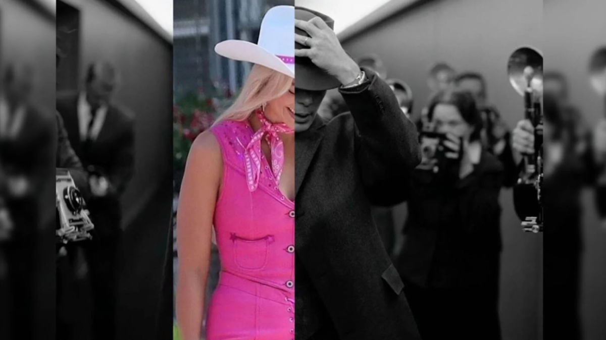 A mashup of Margot Robbie as “Cowgirl Barbie” and Cillian Murphy as Robert J. Oppenheimer. The black and pink contrast has been the focus of many memes created in anticipation of the release of both movies, leading to the internet trend “Barbenheimer.” (Ria Chopra/Mashable)
