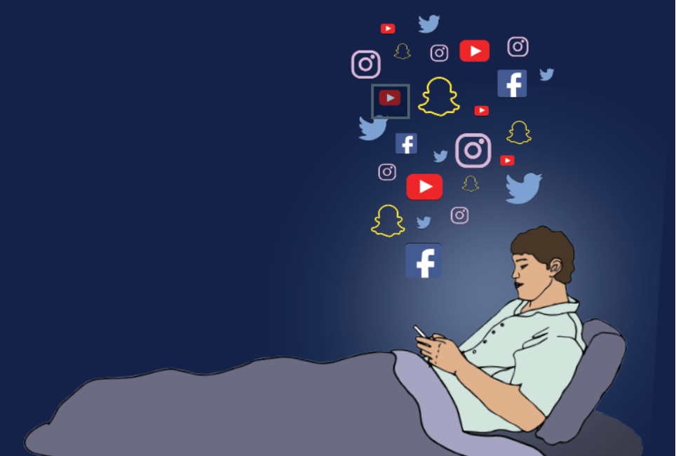 A graphic of a young adult looking at their phone in their bed, with social media symbols hovering above. Social media has become an unconscious addiction, with people, especially teens, spending hours every day and before bed scrolling endlessly. (The To-Do Game)

