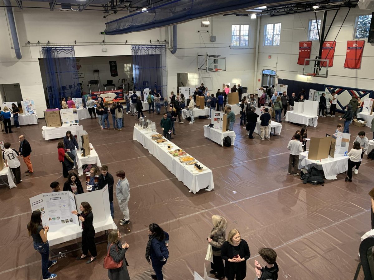 An+overhead+view+of+the+Grade+10+Project+Fair+on+Dec.+13%2C+2023.+The+fair+showcased+a+variety+of+projects+all+covering+the+different+interests+of+the+class+of+2026.+%28Courtesy+of+Cheryl+Tanski%29