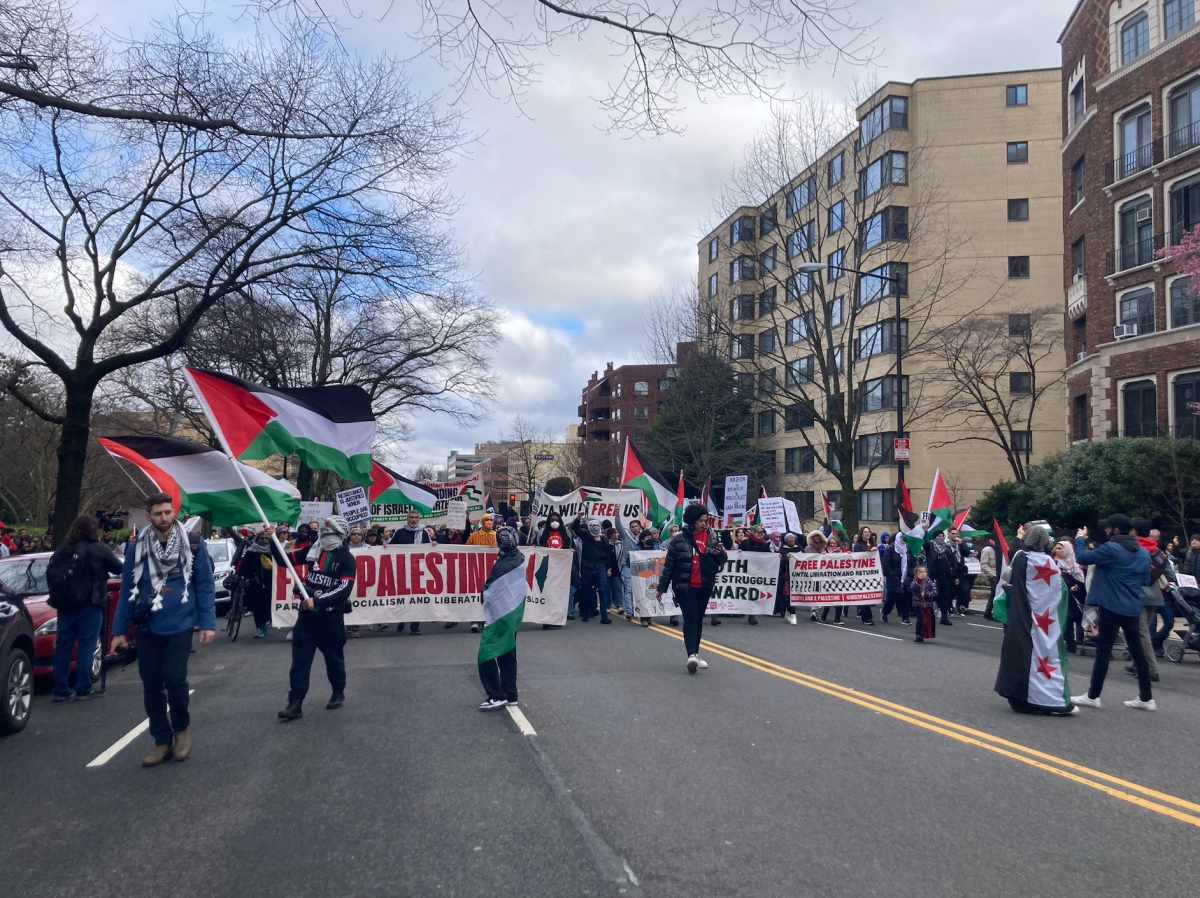 Protesters march on Connecticut Avenue on March 2 in support of Palestine in the war between Israel and Hamas. Typically protests occur in downtown D.C., but this was an unusual occurrence as it was closer to the Israeli Embassy and Israeli Ambassador’s Residence. (Naomi Breuer/International Dateline)
