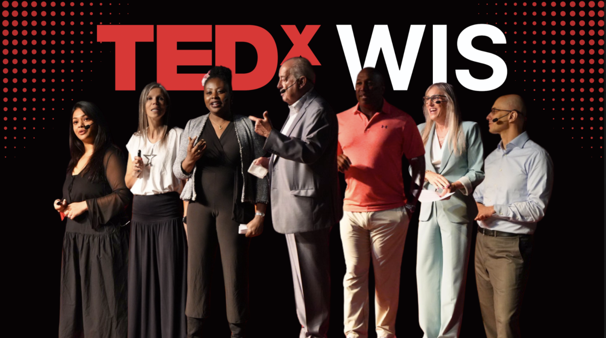 TEDxWIS speakers from left to right: Sowmya Pelluru, Cristina Pombo, Dr. Afua Banful, Dr. Samuel H. Houston Jr., Desmond Dunham, Alaina Kupec and Pawel Swiatek. (Rebecca Matushek/International Dateline)