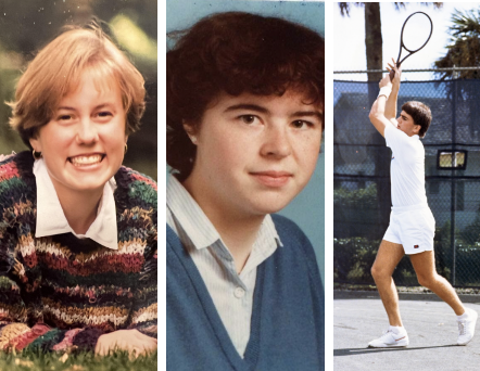 From left to right: Karin Tooze in her senior photo, Cathy Noon in her school yearbook photo, Guy Neal playing tennis in high school. The three had distinctly different childhoods, but are all currently working at WIS. (Courtesy of Karin Tooze, Guy Neal and Cathy Noon)