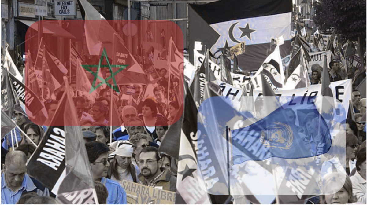 Flag of Morocco, via Wikimedia Commons, Public domain. United Nations flag, photo by sanjitbakshi, via Wikimedia Commons. Demonstration in Madrid in support of Western Sahara's self-determination (2006), via Wikimedia Commons.